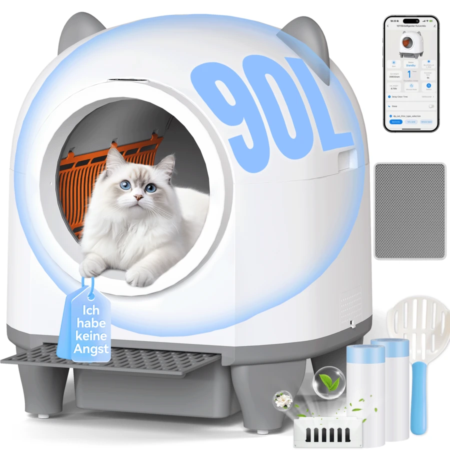 DEVOKO 90L Self-Cleaning Cat Litter Box – Automatic, Pet-Friendly Cat Litter Box With Cute Ear Design, 8.5-Liter Collection Container & App Control - White - View 1