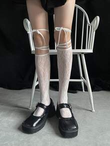 1双女士蝴蝶结蕾丝腿套，优雅时尚，亲肤舒适 - 白色 - 查看 5