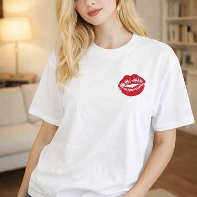 1PC,Plus Size Women's Unisex Cotton T-Shirt With Red Lip Print Design, Oversized Crewneck Tee For Men And Women, Casual Streetwear Fashion Top, Black Basic Graphic Tee Fast Shipping! Women's Casual And Stylish Short-Sleeved Printed T-Shirt.