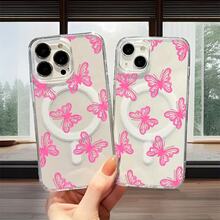 Mariposa rosa calada Funda para teléfono impresa, paquete individual, material transparente de TPU + PC, compatible con carga inalámbrica magnética, a prueba de golpes, resistente a rayones, compatible con iPhone 17 Pro Max/17/17 Pro/17/11/12/12 Pro/12 Plus/13/13 Pro/13 Plus/13 Pro Max/14/14 Plus/14 Pro/14 Pro Max/15/15 Plus/15 Pro/15 Pro Max/16/16 Plus/16 Pro/16 Pro Max/16e, S25 Ultra/S24 Plus/S23+/S22/A35/A55/A15/A16/A36/A56/A26/A54/S25 Edge - transparente - Ver 2
