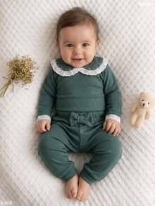 Baby Girl's Set: Bodysuit And Footed Pants With Bow And Lace, 100% Cotton, Baby Clothes 3 To 6 Months, Green, Pink, Lilac, Hypoallergenic, Tulle, English Embroidery - 綠色 - 查看 1