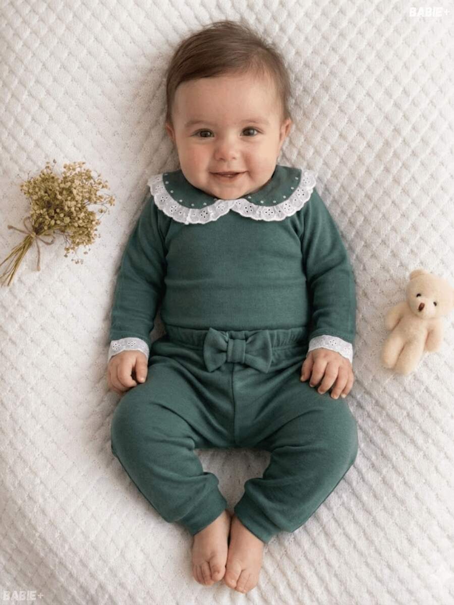Baby Girl's Set: Bodysuit And Footed Pants With Bow And Lace, 100% Cotton, Baby Clothes 3 To 6 Months, Green, Pink, Lilac, Hypoallergenic, Tulle, English Embroidery - 綠色 - 查看 1