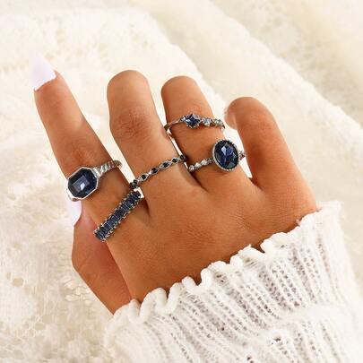 Set de 5 anillos con incrustaciones de rhinestones blancos, anillos de lujo multicolor, accesorios versátiles para los dedos con forma ovalada