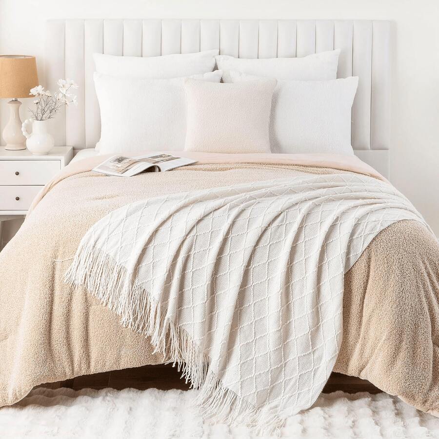 Sage Green Throw Blanket, Suitable For Sofa, Boho Home Decor, Light Blue Couch Blanket, Suitable For Sofa And Living Room - White - View 1