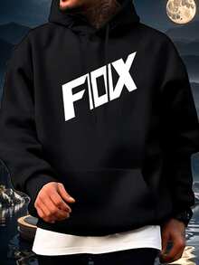 Men's Fleece-Lined Hooded Sweatshirt With Eye-Catching FOX Logo Print - Red And White Color Scheme, Spring/Autumn Pullover, Loose-Fit Hooded Jacket, Machine Washable Outdoor Casual Wear, With Brand Logo (Compatible With Fox Brand Design) - 黑色 - 查看 3