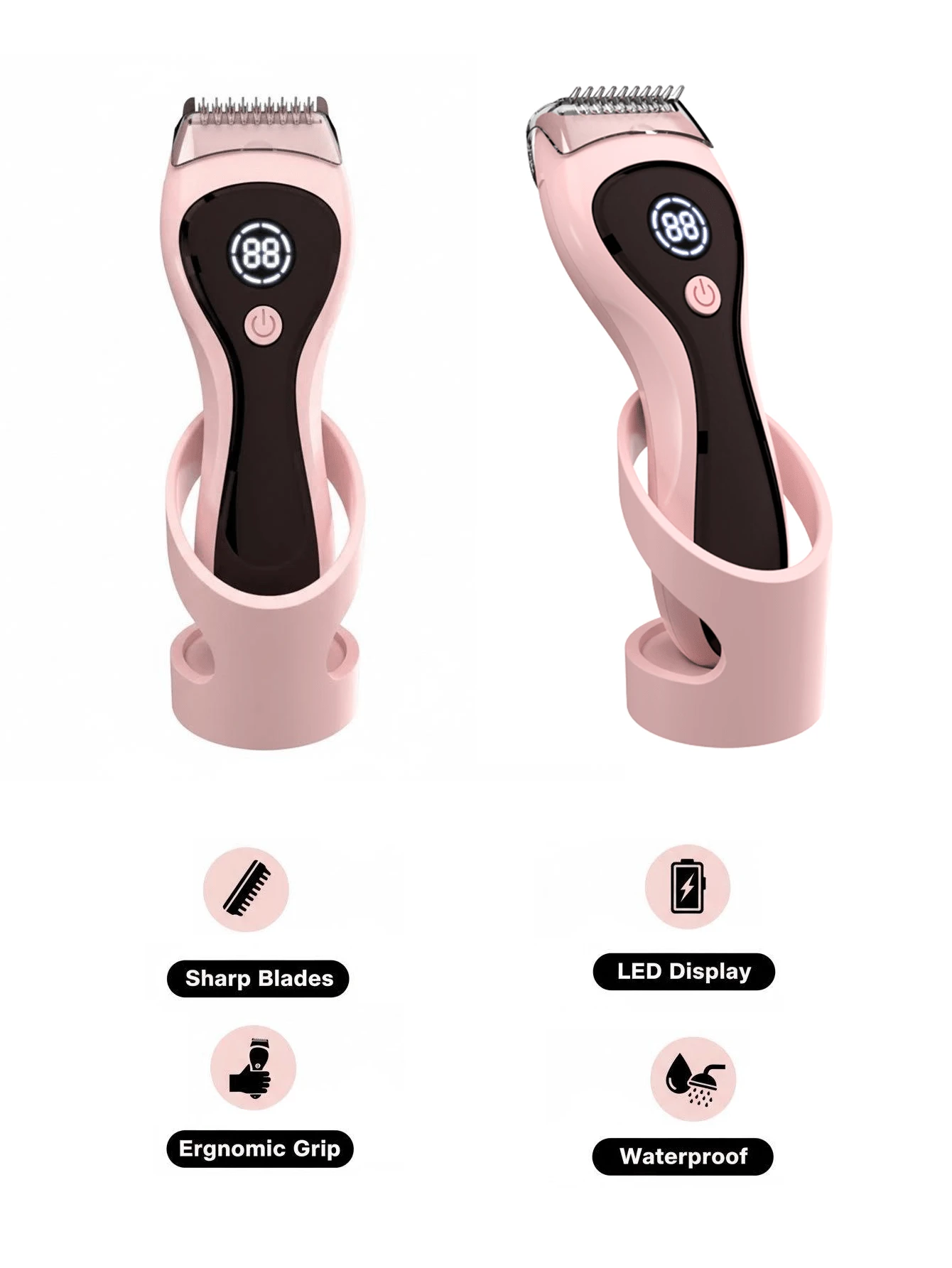 Electric Body Hair Trimmer - Men's Intimate Trimmer - Women's Bikini Trimmer - Wet/Dry Shaver, Replaceable Ceramic Blades, USB Charging Base, Waterproof Grooming Razor - Pink - View 1