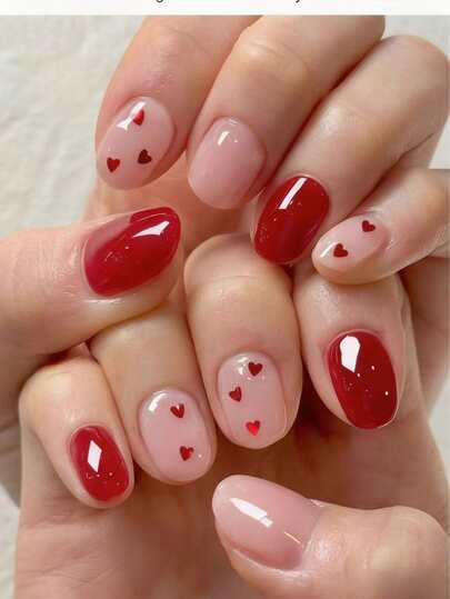 24pcs Short Oval Nail Stickers, Red Full Coverage Nail Art, Red Heart Decor, Perfect Fit Short Fake Nails Set, Includes: 1pc Jelly Gel And 1pc Nail File. Nail Decals Suitable For Women And Girls For Daily Wear, Also Suitable For Valentine's Day Party And Other Occasions.