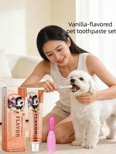 YEGBONG Vanilla Flavored Pet Toothpaste Set, Cleans Tartar & Teeth Stains, Removes Mouth Odor, Gentle Gum Care, Suitable For & Cats