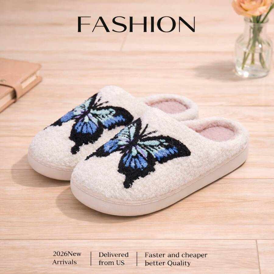 Women's Lounge Slippers, Indoor Slippers, Butterfly Embroidered Plush Slippers, Warm And Fleece-Lined, Perfect For Valentine's Day Gifts, Machine Washable. - 藍色 - 查看 1