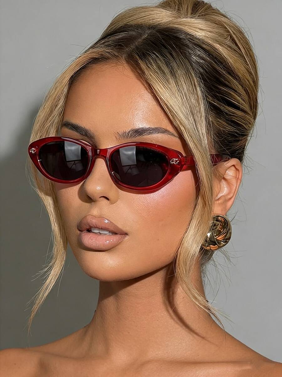 1 par de gafas de moda con montura pequeña y asimétrica de ojo de gato en color rojo, adecuadas para unisex, para conducir, vacaciones, fotografía callejera y looks de estilo - Rojo - Ver 1