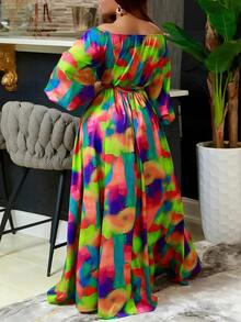 Women's Fashion Off Shoulder Cinched Waist Waist Random Print Dress, Elegant Commuter Dress - Mixed Colors - View 5