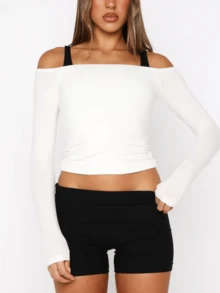 Womens Off The Shoulder Long Sleeve Workout Tops Y2k Solid Color Slim Fit Ballet Crop Top Active Gym T Shirts Casual Going Out Top Tee Without Straps Streetwear - 白色 - 查看 5