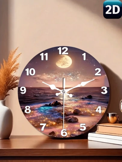 1pc 10"/12" Silent Wall Clock, Romantic Ocean Moon & Star Design, Battery Operated (AA Battery Not Included), Suitable For Living Room, Bedroom, Office And Kitchen Decor, Perfect Gift For Valentine's Day And Anniversary, Living Room Decor | Starry Night Theme | Premium Thick Glass, Wall Clock