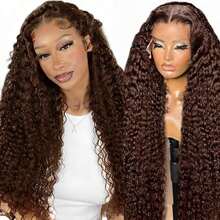 [26" Curly Wig] 26 Inch Curly Wave Chocolate Brown 13x4 Lace Front Wig - Blended Hair 150 Density HD Pre-Plucked Natural Look Multi-Style Versatile For Everyday & Special Occasions, Soft Texture Hair - S4 - View 3