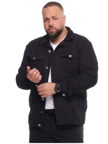 Men's Plus Size Black Twill Jacket With Button Closure, Casual Style. - Black - View 3