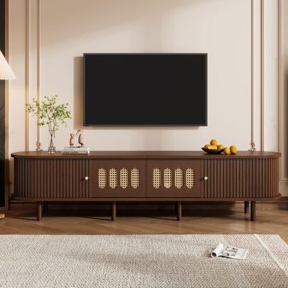 180 X 40 X 40 Cm Oval TV Stand, Deep Walnut, Rattan Design - - - 180 Cm MDF Design, 30 Kg Load Capacity, Equipped With Two Drawers And A Roll-Up Door. TV Cabinet, Low Shelf, Living Room Cabinet