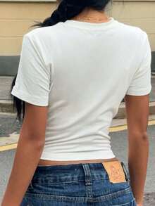 Women's Summer Y2K Hot Girl Letter Print Casual Simple Everyday Slim Fit Round Neck Short Sleeve T-Shirt Top, Cute Summer Top - White - View 3