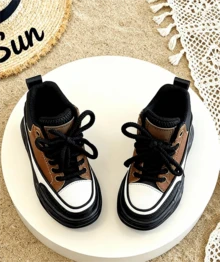 EUR 26-37 Sizes Kids Platform Sneakers, Brown White Black Color Block Design, High-Top With Thick Non-Slip Rubber Sole, Casual Fashion Shoes For Boys & Girls, Perfect For School, Daily Wear, And Outdoor Activities - 棕色 - 查看 3