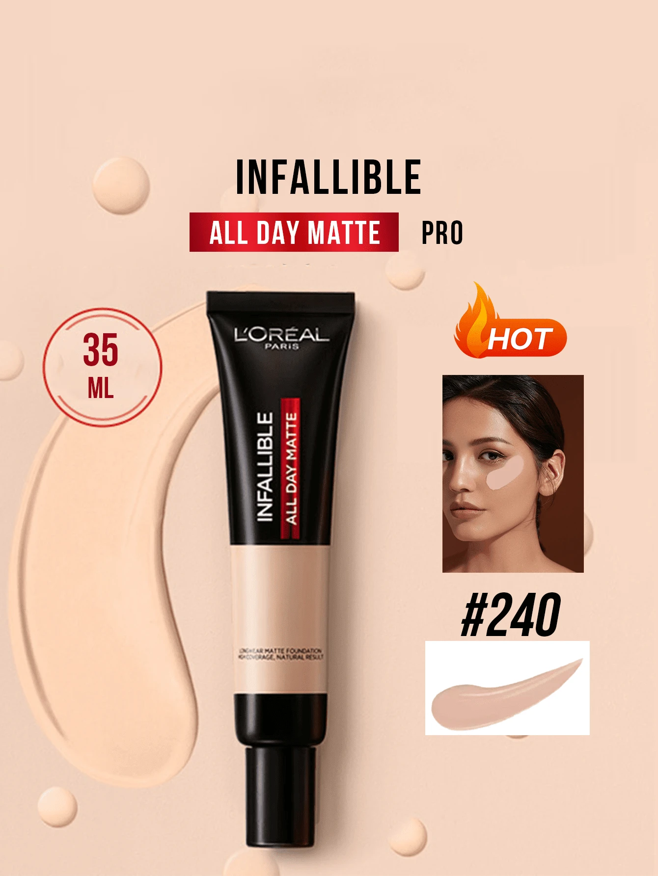 L’Oreal Paris 10/35毫升哑光专业粉底液 #240，双重控油配方，蕴含19%哑光成分，无油配方，高遮瑕力，防水防晕染，轻盈质地，24小时持久哑光妆效，适合油性肌肤，日常妆容及特殊场合皆宜，打造无瑕妆容。