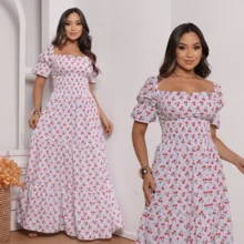 Women's Dress, All-Over Leaf Print, Boho Style, Fabric, Hem With Ruffles, Gathered Ruffles, Long Style, Beach, Night, Birthday Party, Baby Shower, Garden, Photoshoot - 櫻桃 - 查看 1