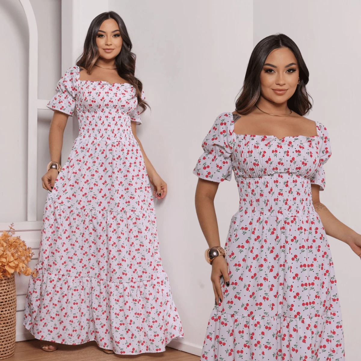 Women's Dress, All-Over Leaf Print, Boho Style, Fabric, Hem With Ruffles, Gathered Ruffles, Long Style, Beach, Night, Birthday Party, Baby Shower, Garden, Photoshoot - 櫻桃 - 查看 1