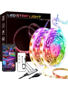 1卷RGB LED灯带，USB供电即插即用，自带背胶，安装简便，无需遥控器，可通过数据线上的按钮切换颜色和模式，适用于桌面、电视、电脑背景、节日派对、家居装饰等，多功能氛围灯带，建议1米至5米长度，可自由裁剪以适应不同场景，打造多彩温馨的个性化照明空间！ - USB-三鍵控制器 - 查看 2