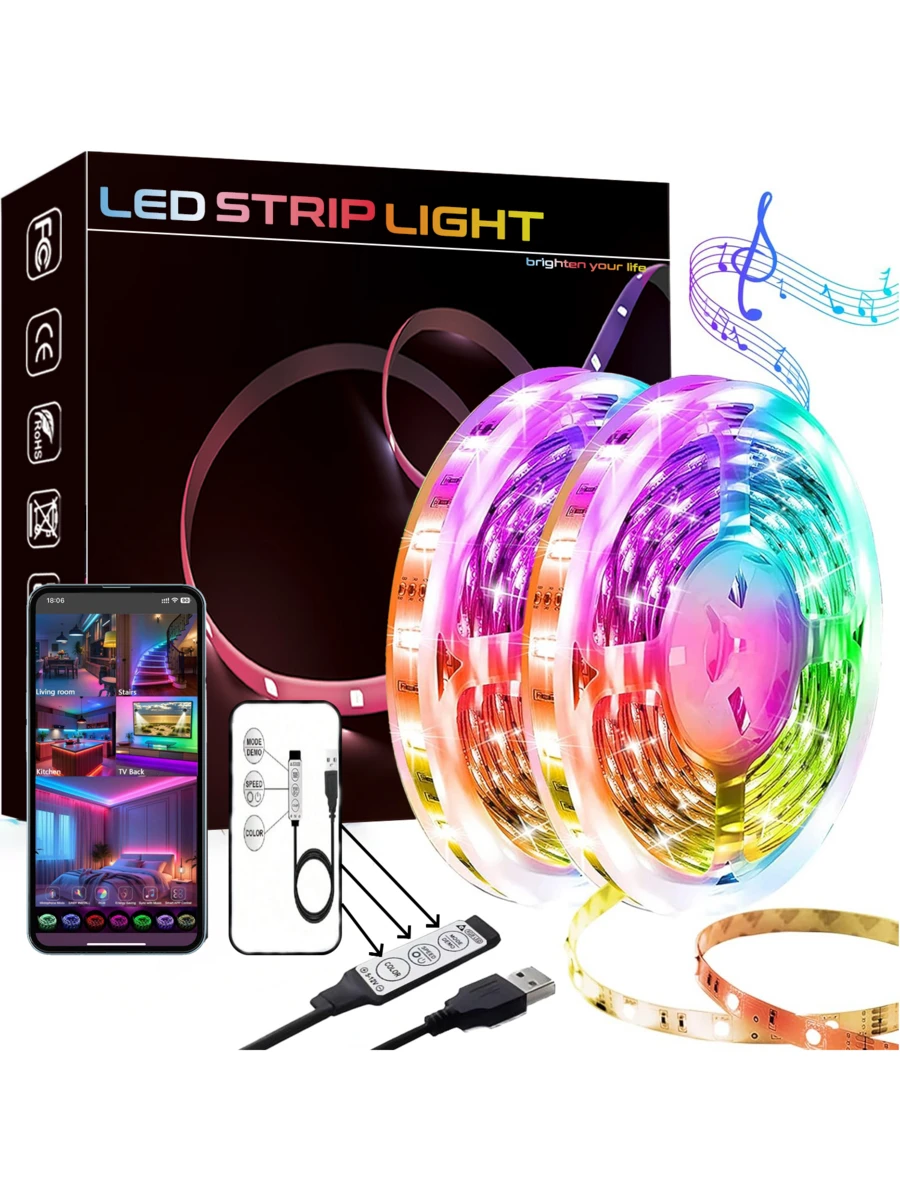 1卷RGB LED灯带，USB供电即插即用，自带背胶，安装简便，无需遥控器，可通过数据线上的按钮切换颜色和模式，适用于桌面、电视、电脑背景、节日派对、家居装饰等，多功能氛围灯带，建议1米至5米长度，可自由裁剪以适应不同场景，打造多彩温馨的个性化照明空间！
