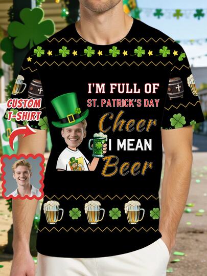 Customized Funny Face Men's T-Shirt, Father's Day Men's Short Sleeve T-Shirt - Interesting Face Design, Personalized Clothing, Create A Unique Gift For Family And Friends