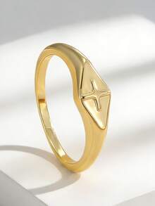 Charm-In Minimalist Star Embossed Gold-Plated Thin Hoop Ring, Stackable Cross Jewelry, Valentine's Day Gift For Girlfriend - Gold - View 1