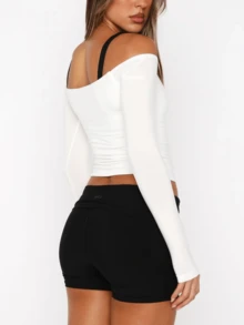 Womens Off The Shoulder Long Sleeve Workout Tops Y2k Solid Color Slim Fit Ballet Crop Top Active Gym T Shirts Casual Going Out Top Tee Without Straps Streetwear - 白色 - 查看 6