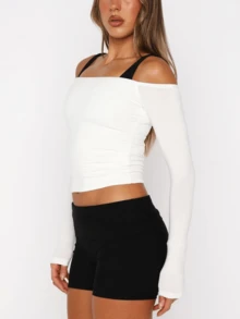 Womens Off The Shoulder Long Sleeve Workout Tops Y2k Solid Color Slim Fit Ballet Crop Top Active Gym T Shirts Casual Going Out Top Tee Without Straps Streetwear - 白色 - 查看 7