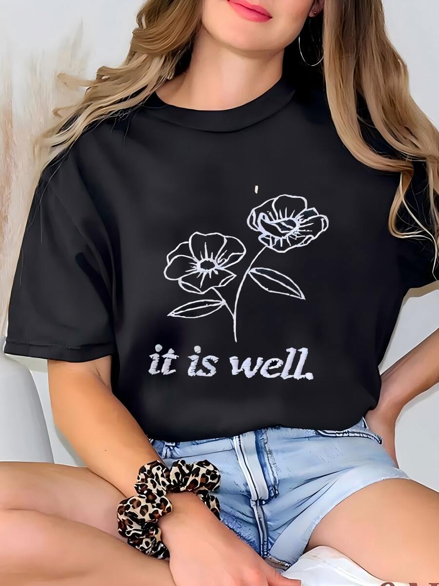 Está Bien| T-shirt De Flores, Camiseta Cristiana, Camiseta Floral De Mujer, Ropa Botánica De Flores Silvestres Camiseta - Negro - Ver 1