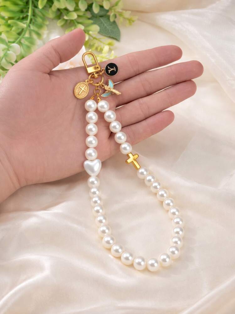 1 Pc Personalized Angel Cross Initial Pearl Prayer Keychain, Christmas Gift - Multicolor - View 6