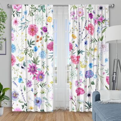 2PCS Multi-Color Watercolor Mixed Florals Fresh Botanical Printed Curtains, 100% Polyester Fabric, Rod Pocket Style, No Lining, 90gsm, 180cm Width, Ideal For Bedroom, Living Room, Dining Room, Bathroom, Outdoor Curtains