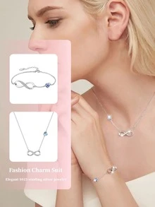 طقم قلادة وسوار من الفضة الإسترليني عيار 925 مرصع بالماس الأزرق، هدية فاخرة فرنسية خالية من الحساسية مع علبة هدايا - فضي - مشاهدة 9