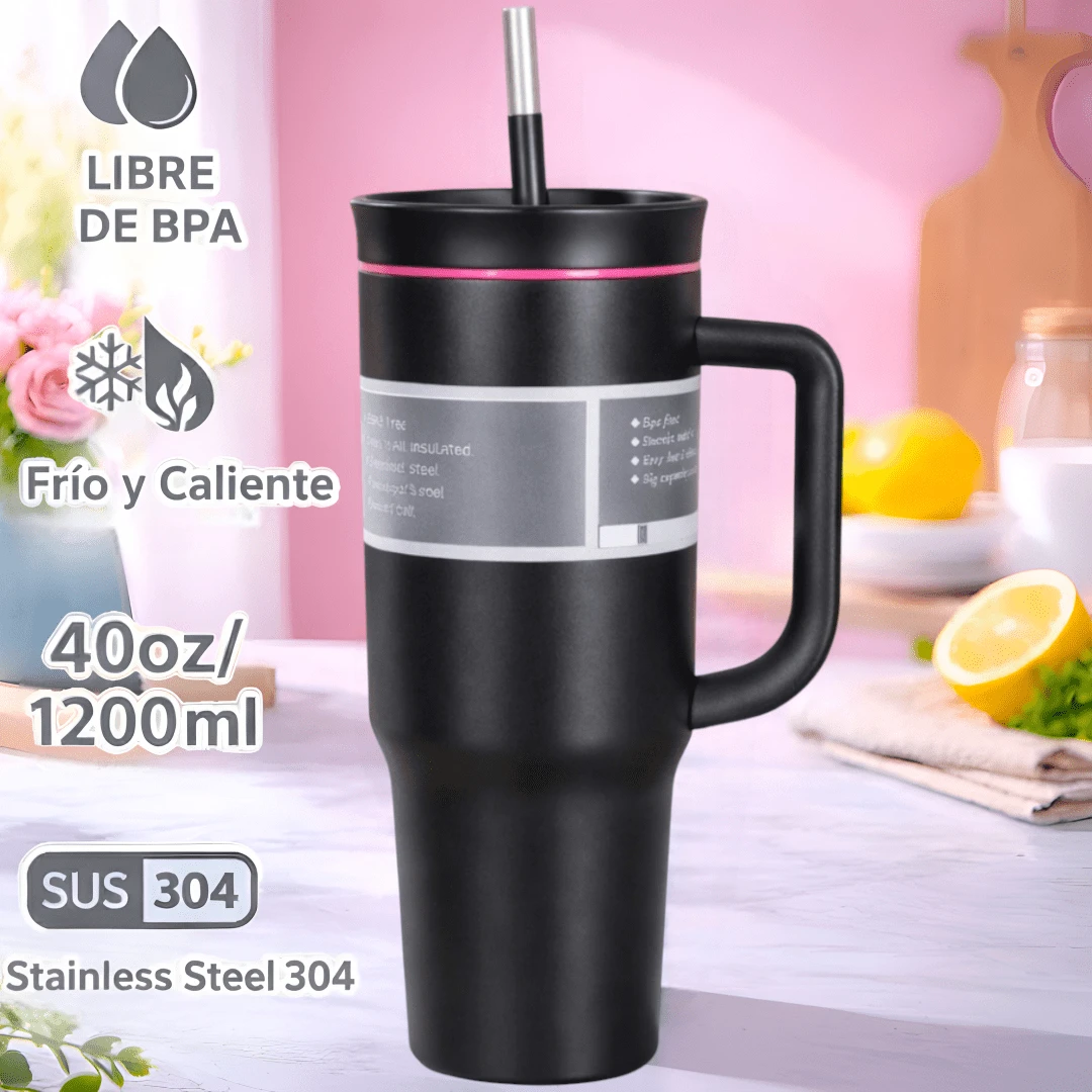 Termo Vaso Térmico Premium RR-39, de Acero Inoxidable 40 oz / 1200 ml con Asa Ergonómica, Popote Reutilizable y Tapa 3 en 1 – Doble Pared Aislante, Libre de BPA, Ideal para Bebidas Frías y Calientes, Disponible en 10 Colores Modernos para Uso Diario. - Negro - Ver 1