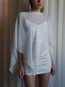 Womens Sheer Mesh Poncho Tops Solid Color Bat Sleeve Round Neck Loose Fit See Through T Shirt Crop Top Blouses Boho Chiffon Peplum Shawl Cropped Shirts Summer Beach Cover Up Going Out Tops Vacation Streetwear - 白色 - 查看 1