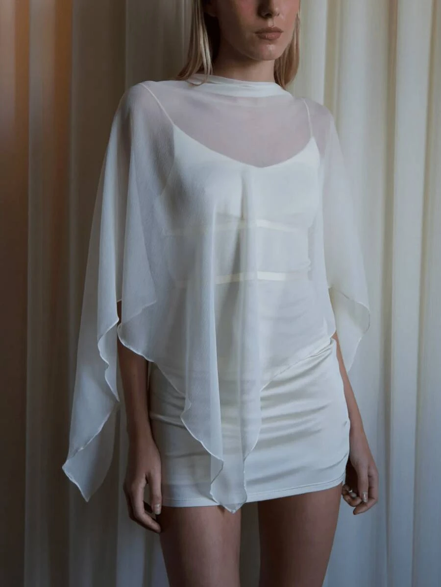 Womens Sheer Mesh Poncho Tops Solid Color Bat Sleeve Round Neck Loose Fit See Through T Shirt Crop Top Blouses Boho Chiffon Peplum Shawl Cropped Shirts Summer Beach Cover Up Going Out Tops Vacation Streetwear - 白色 - 查看 1
