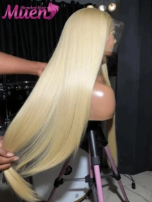 200% 密度 613# 金色直发 13*4 透明耳到耳蕾丝前假发，预先拔毛、预先漂白，混纺真人发假发 - 女士款，自然发际线带婴儿发 613# - S/613 - 查看 1