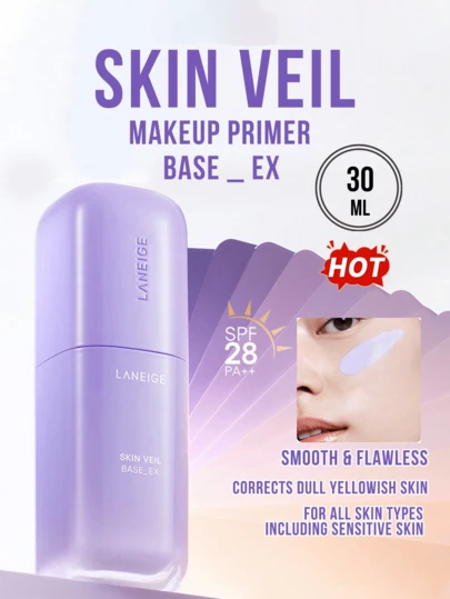 Laneige SKIN VEIL BASE_EX Aydınlatıcı Fondöten 40 - 70ml/2.36oz - Sıcak Ton, Sarı Alt Tonu %50 Azaltır, SPF28 PA++, Hepsi Bir Arada, Cilt Tahrişine Etkili Bir Şekilde Direnir, Nemlendirir ve Yağ Kontrolü Sağlar, 5 Temel İçerik İçerir, Doğal ve Kusursuz Makyaj Yaratır, Günlük Güneş Koruması ve Makyaj Bazı Olarak Kullanıma Uygundur