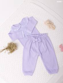 Baby Girl's Set: Bodysuit And Footed Pants With Bow And Lace, 100% Cotton, Baby Clothes 3 To 6 Months, Green, Pink, Lilac, Hypoallergenic, Tulle, English Embroidery - Màu Lilac Tím - Xem 5