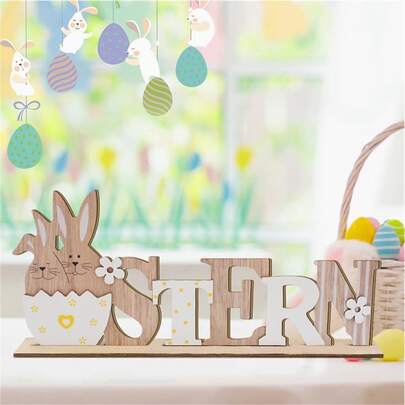 1件精美复活节木质标牌，饰有春兔和花卉图案 - “春天”桌面装饰，适用于家居、派对或花园，质朴的木质装饰，适合季节性庆祝活动，兔子造型配件。适用于11个节日。