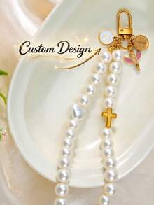 1 pieza Llavero personalizado con cruz de ángel, inicial y perla, regalo de Navidad - Multicolor - Ver 1