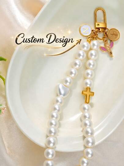 1 Pc Personalized Angel Cross Initial Pearl Prayer Keychain, Christmas Gift