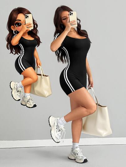 Mono de mujer AITYI Studio, ajuste perfecto, casual, cuello en U, cinta de color contrastante, elegante y sexy, silueta ceñida, versátil para deportes al aire libre, estilo Y2K, graduación, vuelta al colegio, verano, de punto elástico y de manga corta