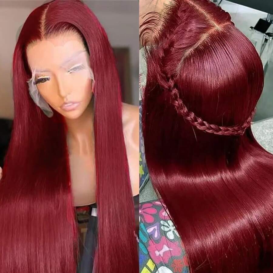 99J# 200% Density Burgundy Straight Hair 13*4 Transparent Lace Front Wig, Pre-Plucked Pre-Bleached Mixed Wig - Suitable For Women With Natural Hairline, Baby Hair - SBUG - View 1