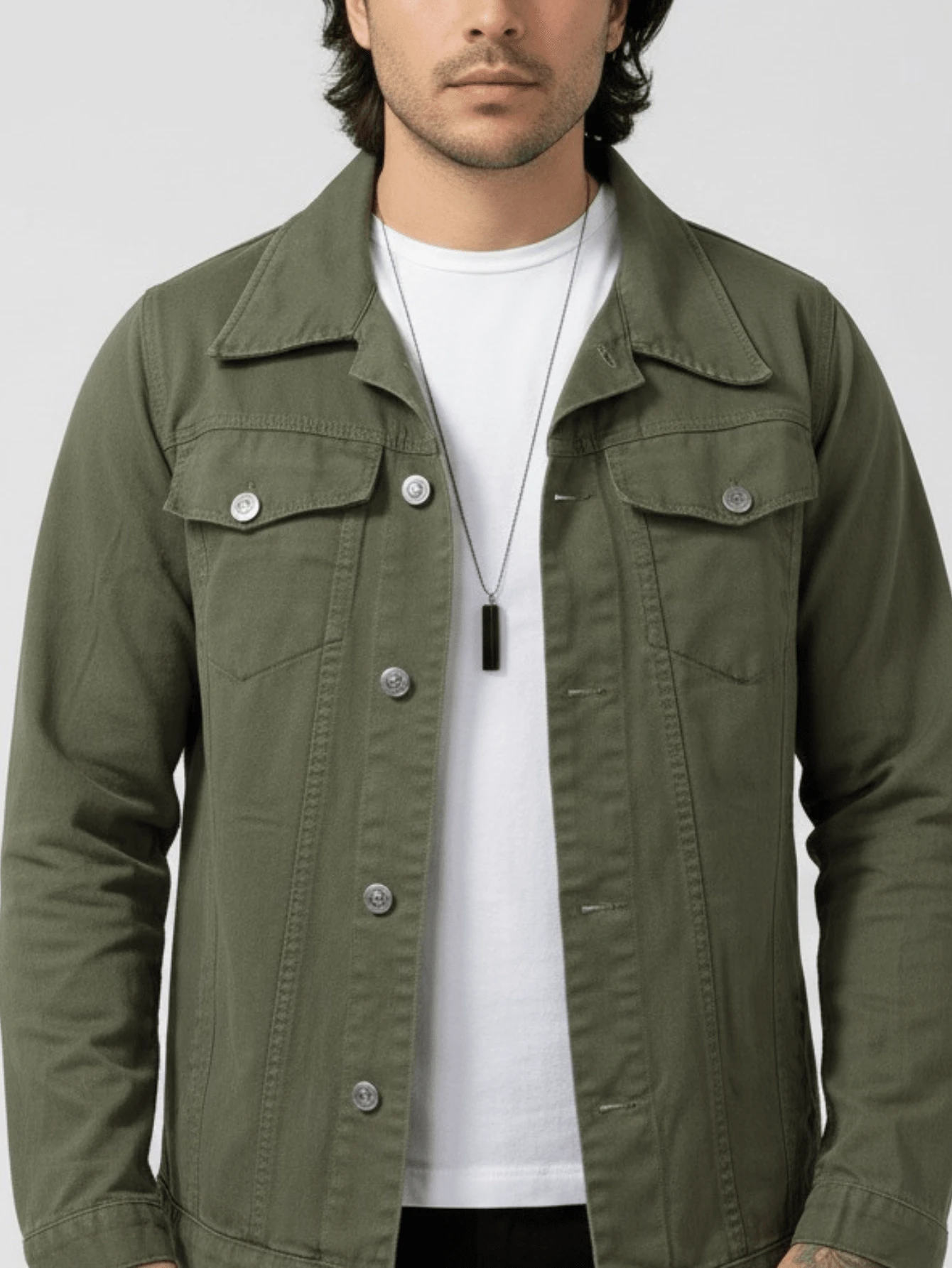 Men's Denim Jacket With Iron Button Closure, Military Green - Army Green - View 1