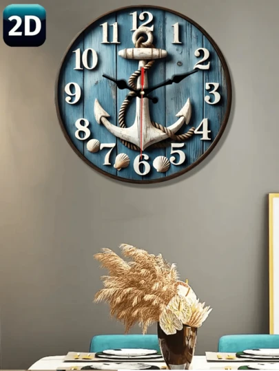 2D Non-Realistic Clock, Vintage Anchor & Shell Decor Wooden Wall Clock - Suitable For Home, Cafe, Apartment, Dining Room, Living Room Wooden Decor - Perfect Thanksgiving Gift, Cafe Decor | Nautical Theme Wall Clock | Wall Clock, Nautical Decor, Room Decor