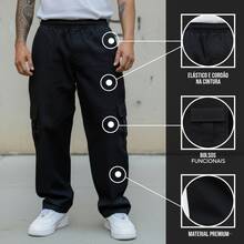 Men's Dark Denim Cargo Pants With Drawstring Waist And Slight Stretch, Unisex Long, Loose-Fitting Casual Streetwear Skate Pants. - 深色牛仔褲 - 查看 7