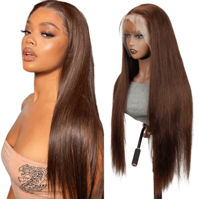32英寸长棕色直发蕾丝前假发 - 180%密度，巴西真人发丝，优雅日常佩戴，4x4、13x4、13x6蕾丝，丝滑百搭，适合各种肤色，日常佩戴假发 | 优雅直发假发 | 自然外观假发